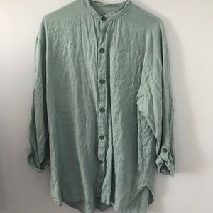 90's mint collarless linen shirt